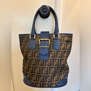 Fendi Zucca Tote with blue trim and buckle closure